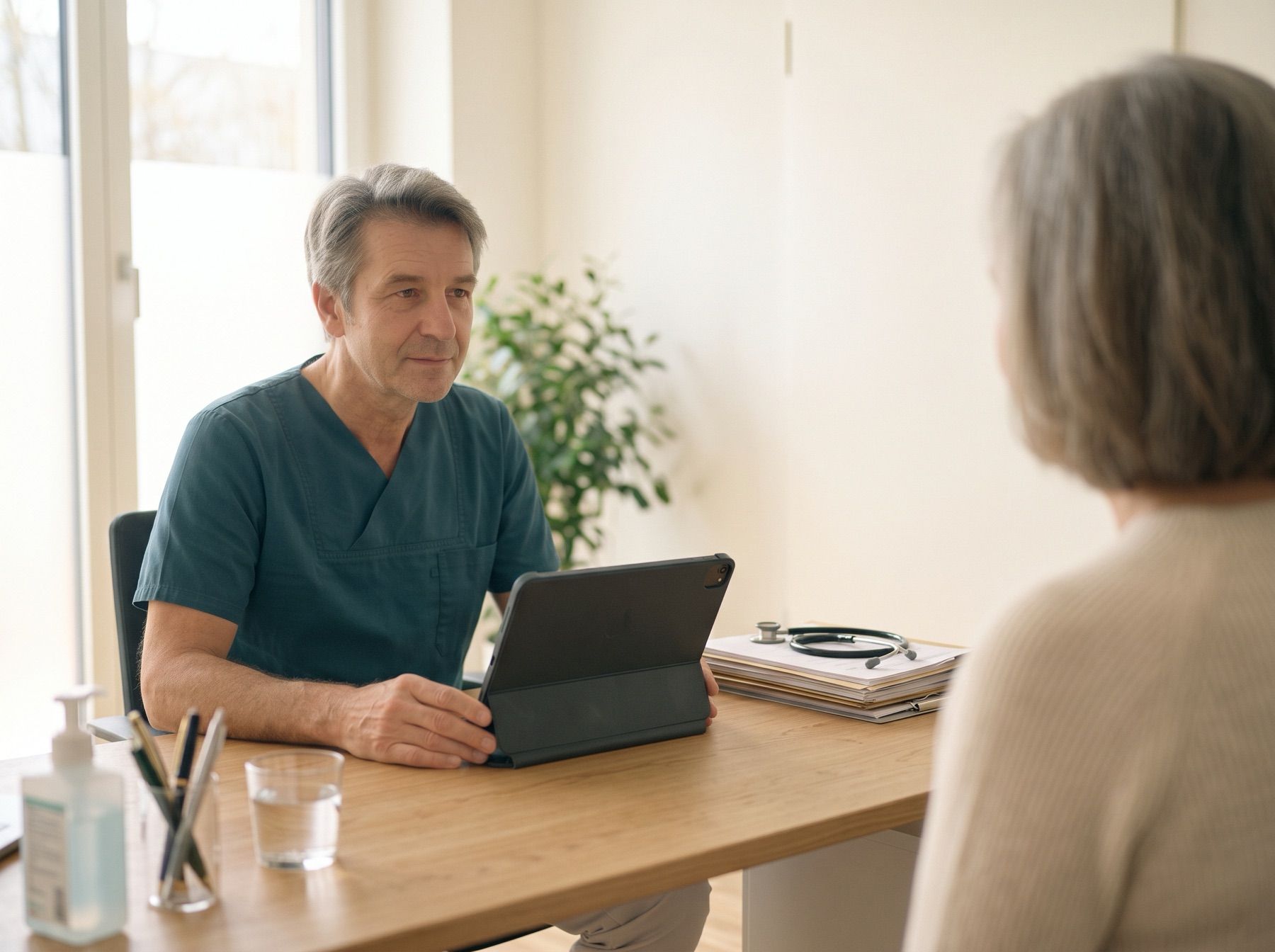 Arzt mit Tablet im Gespräch mit einer Patientin